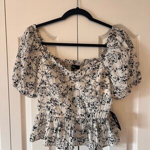 Lulu's Black & White Floral Smocked Peplum Blouse